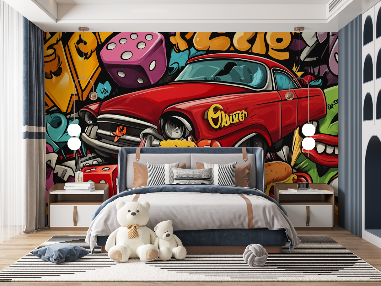 Street Art Mural Wallpaper | Vintage Red Car Graffiti Design