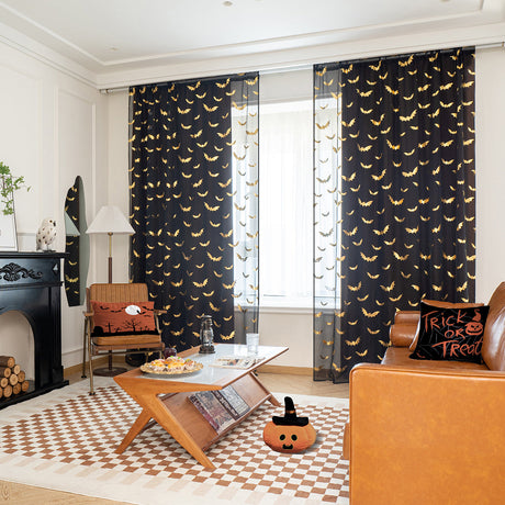 Gothic Sheer Curtains  Gold Bat Pattern Design - Product showcase