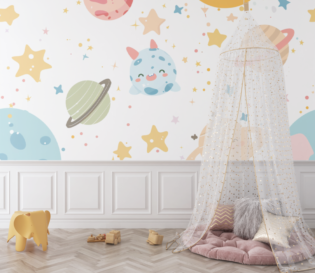 Space Mural Wallpaper | Cute Planets and Stars Design