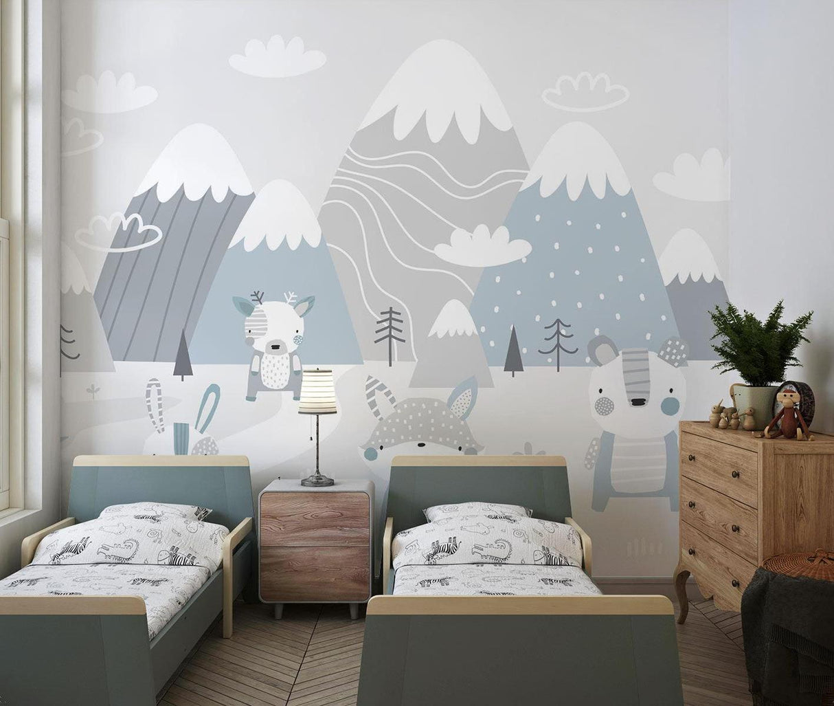 Mountain Mural Wallpaper | Scandinavian Winter Animals Scene