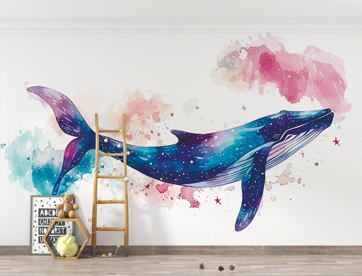 Marine Animals Mural Wallpaper | Cosmic Whale Watercolor Design