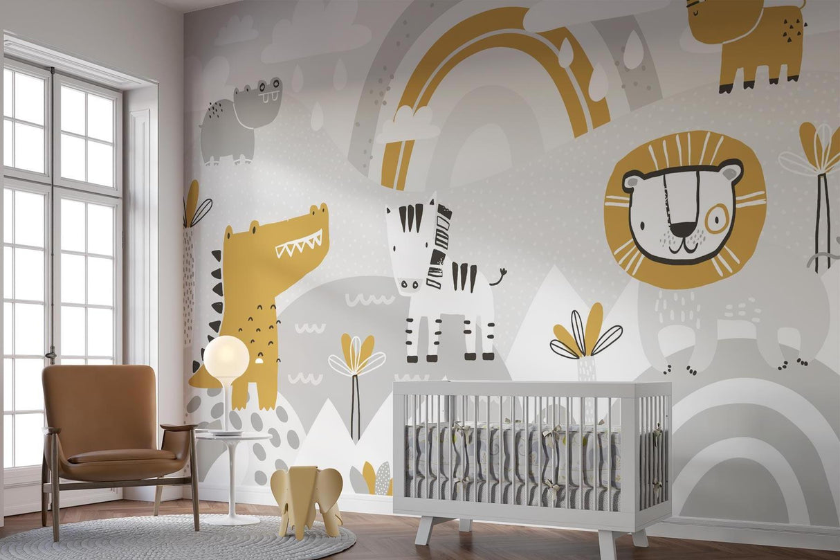 Safari Animals Mural Wallpaper | Playful Gold and Grey Design
