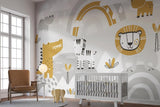 Safari Animals Mural Wallpaper | Playful Gold and Grey Design