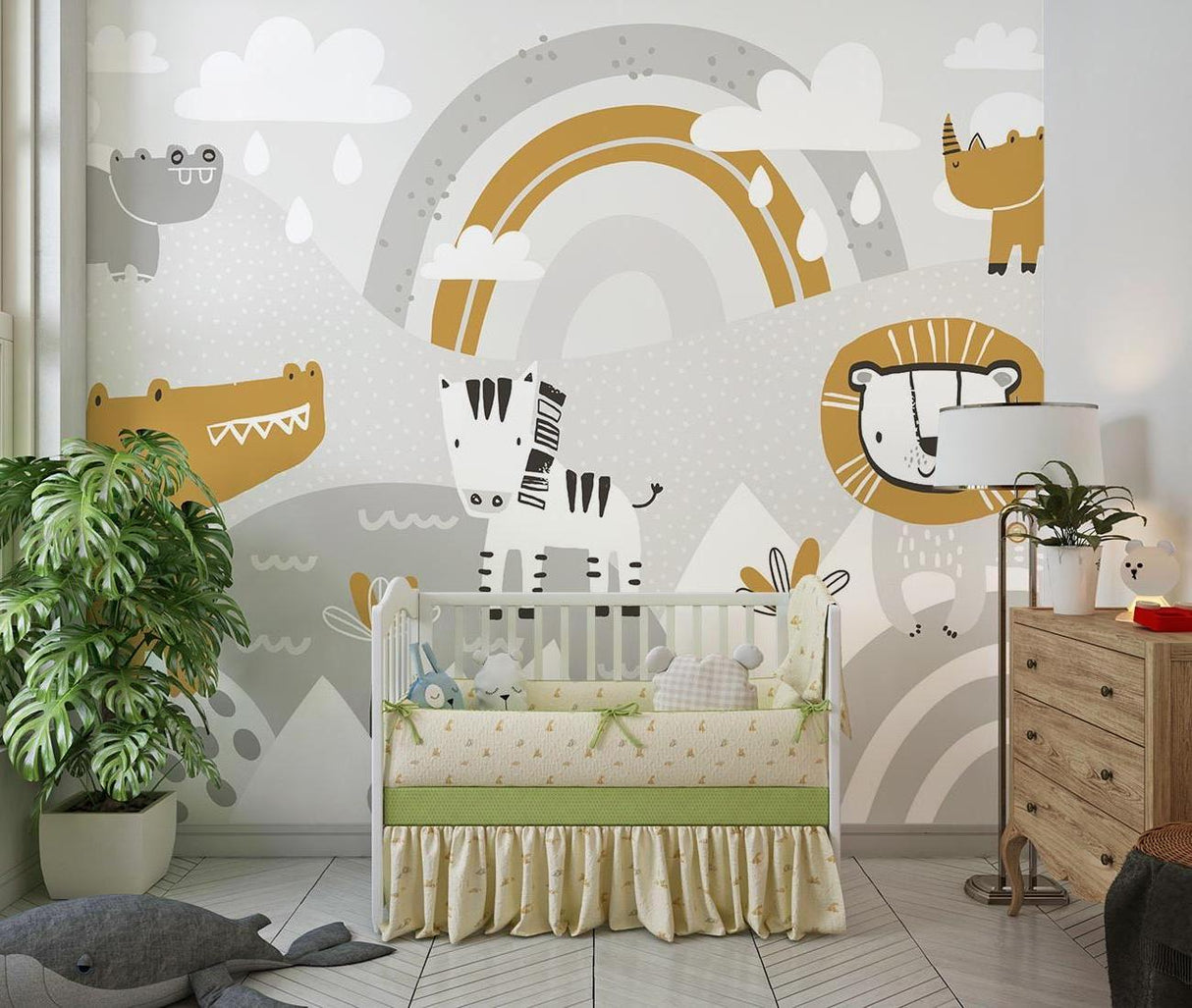 Safari Animals Mural Wallpaper | Playful Gold and Grey Design