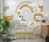 Safari Animals Mural Wallpaper | Playful Gold and Grey Design