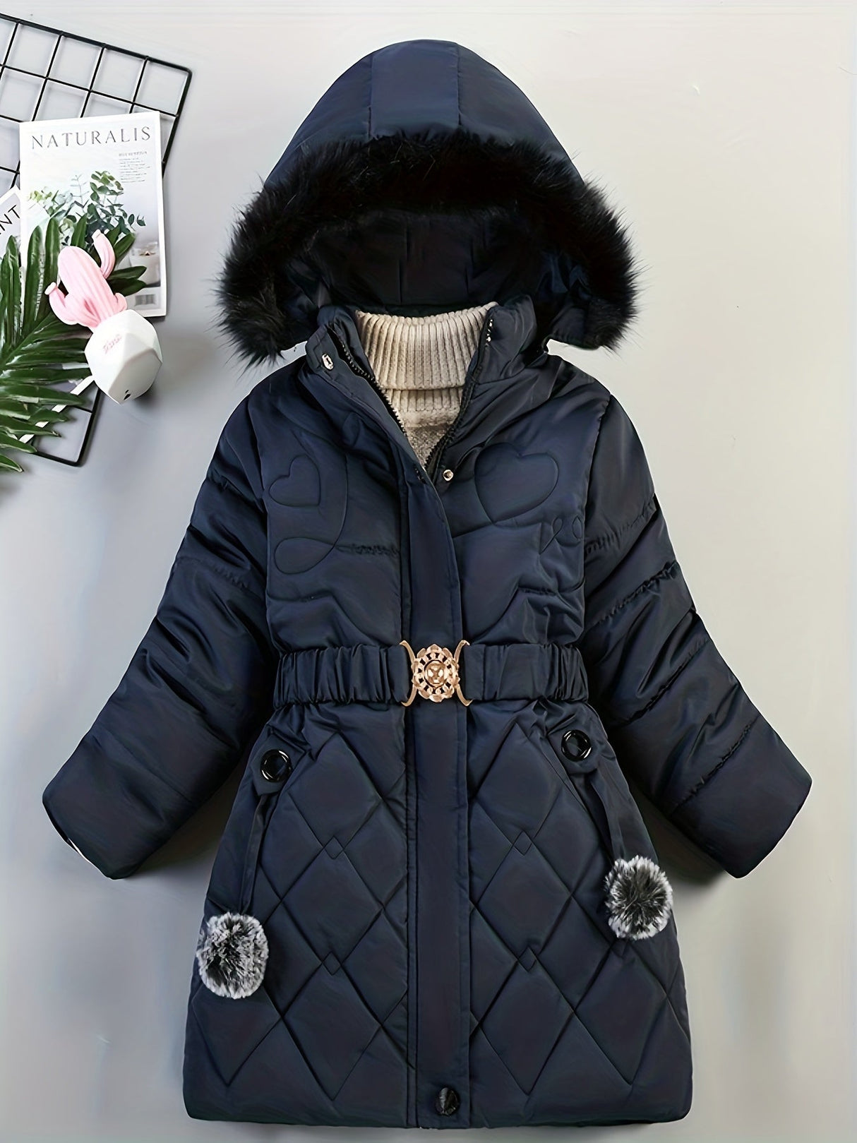 Girls Winter Puffer Coat  Quilted Heart Design With Fur Hood - Product detail 10
