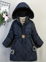 Girls Winter Puffer Coat  Quilted Heart Design With Fur Hood - Product detail 10