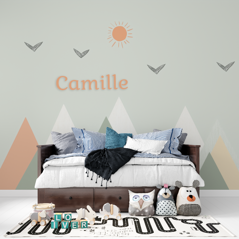 Mountain Mural Wallpaper | Geometric Pastel Design with Birds