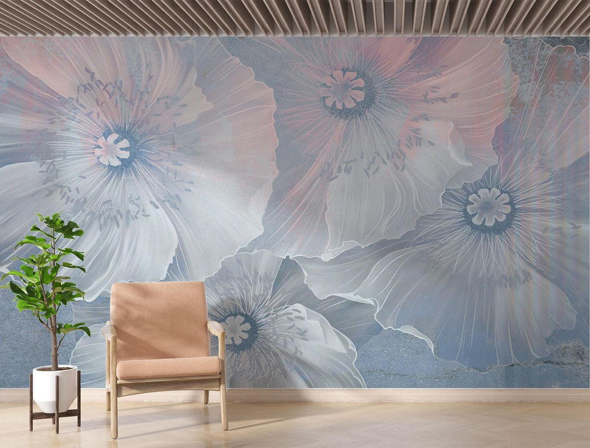 Floral Mural Wallpaper | Ethereal Blue and Pink Poppies