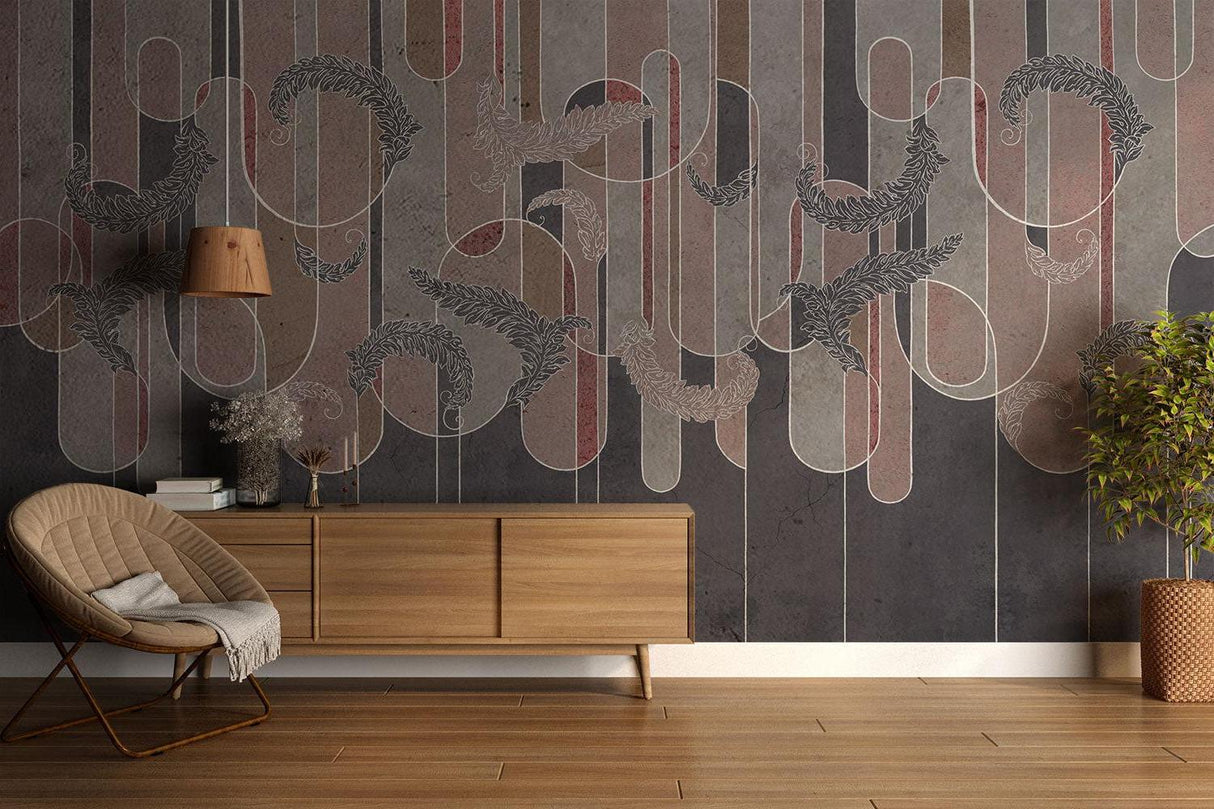 Abstract Mural Wallpaper | Geometric Feather Design with Burgundy Stripes