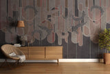 Abstract Mural Wallpaper | Geometric Feather Design with Burgundy Stripes
