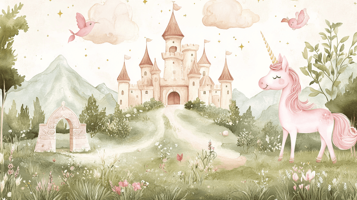 Princess Castle Mural Wallpaper | Magical Unicorn and Fairy Tale Design