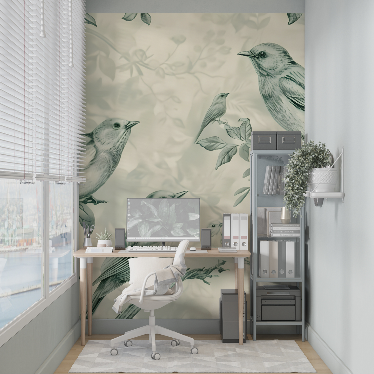 Birds Mural Wallpaper | Sage Green Botanical Design