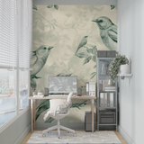 Birds Mural Wallpaper | Sage Green Botanical Design