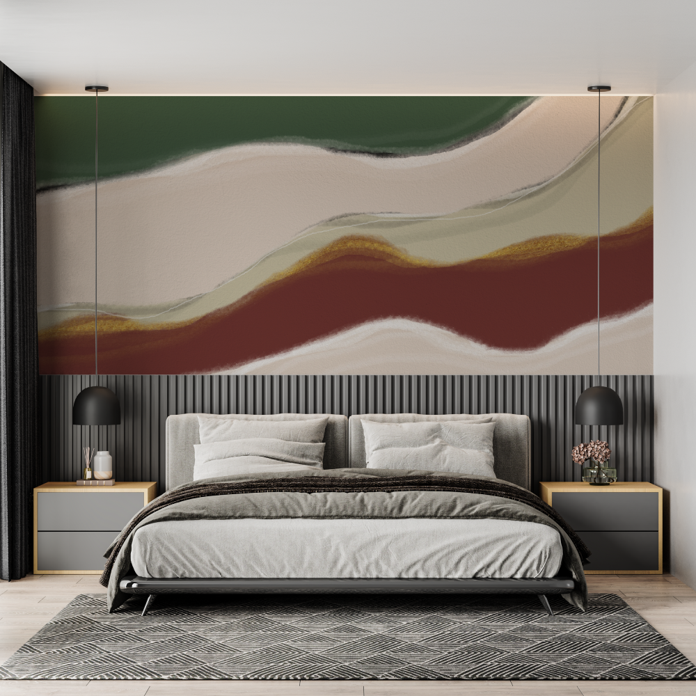 Abstract Mural Wallpaper | Green and Terracotta Wave Design