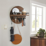 Modern Wall Key Holder  Round Wood Shelf With Hooks - Detailed view