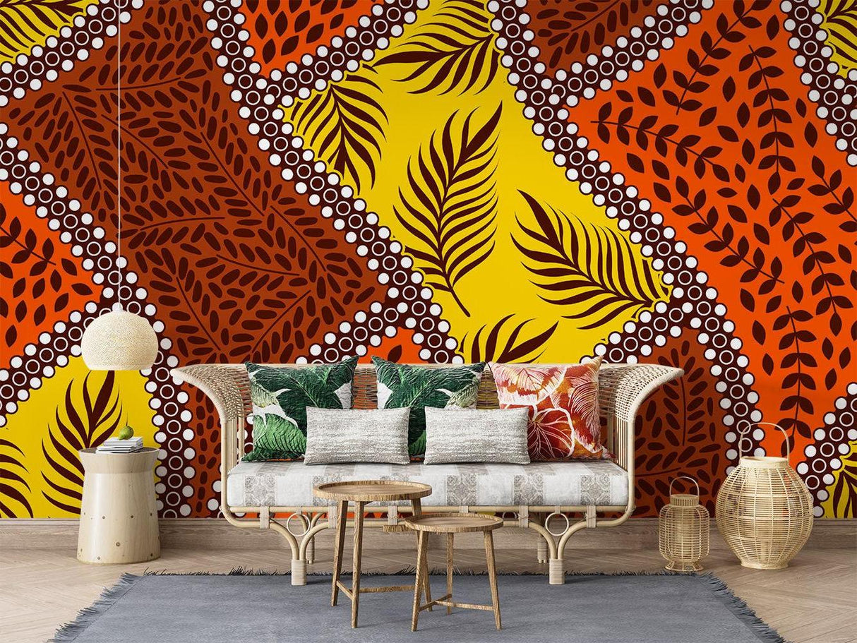 Tropical Mural Wallpaper | Geometric Leaf Pattern in Orange and Yellow