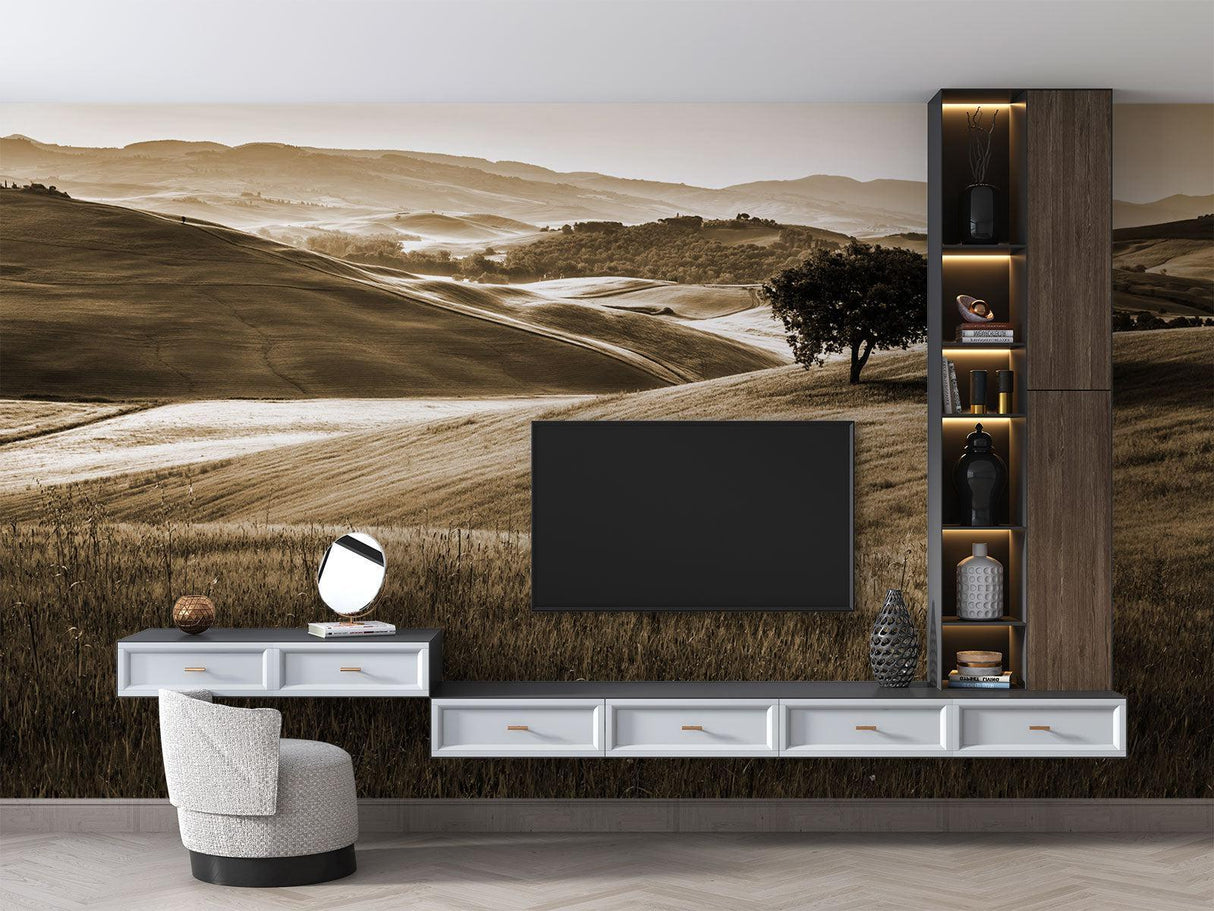 Landscape Mural Wallpaper | Sepia Tuscan Hills With Lone Tree