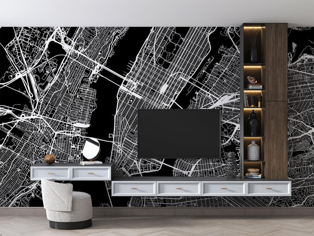 City Map Mural Wallpaper | Modern Black and White Urban Design