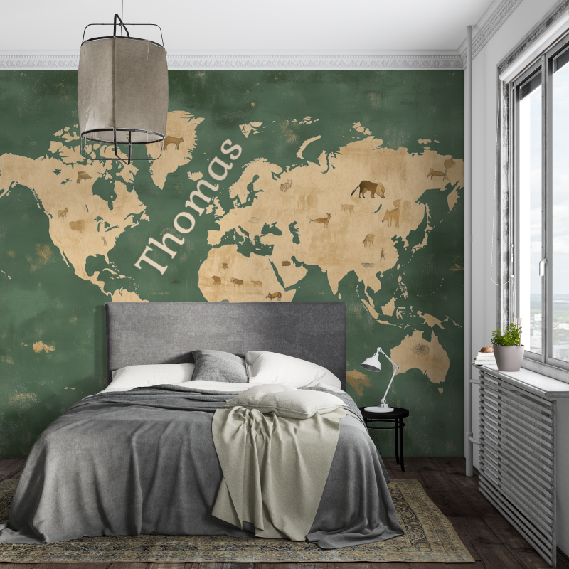 World Map Mural Wallpaper | Green and Gold with Animal Silhouettes