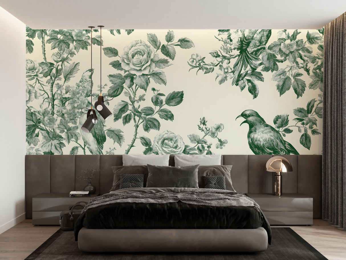 Vintage Floral Mural Wallpaper | Green Birds and Roses Toile de Jouy