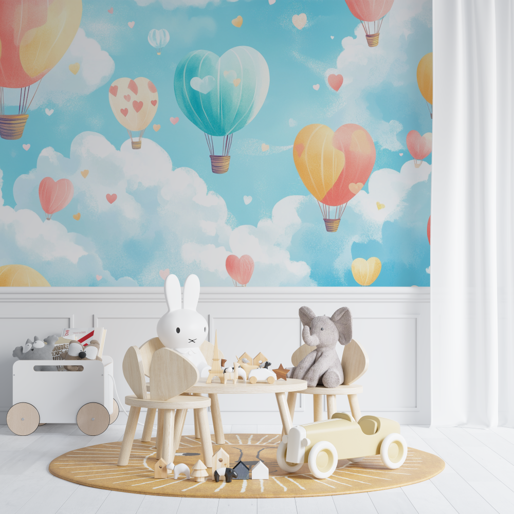 Hot Air Balloon Mural Wallpaper | Dreamy Hearts and Sky Design