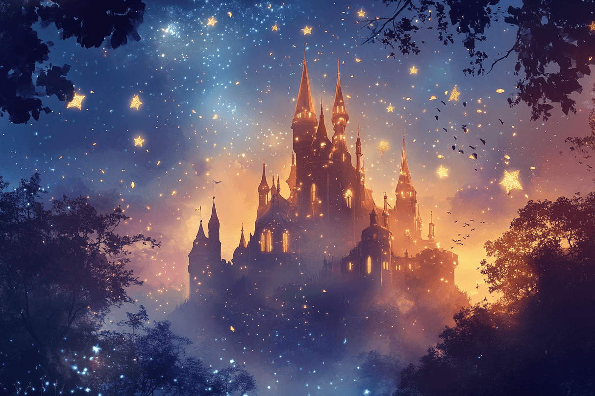 Castle Mural Wallpaper | Magical Night Sky With Golden Stars