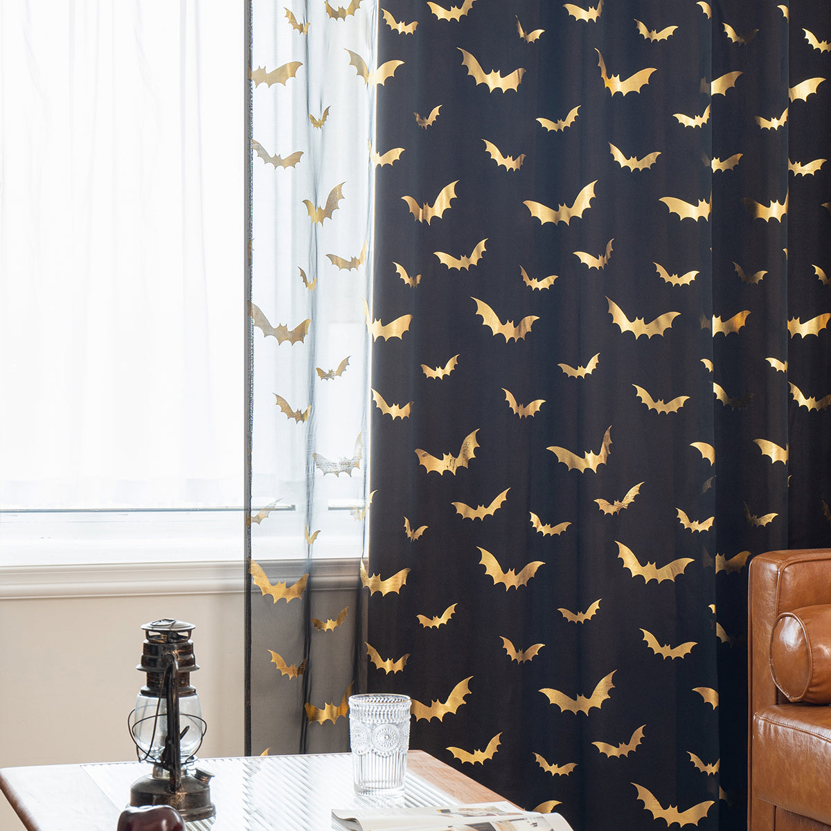 Gothic Sheer Curtains  Gold Bat Pattern Design - Detailed view