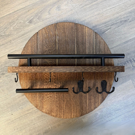 Modern Wall Key Holder  Round Wood Shelf With Hooks - Product detail 5