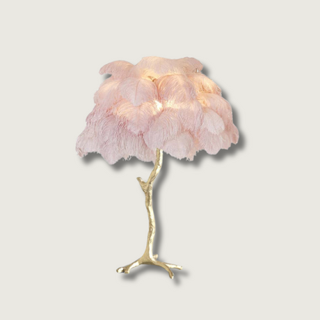 Feather Table Lamp  Gold Base with Pink Ostrich Plumes - Product showcase