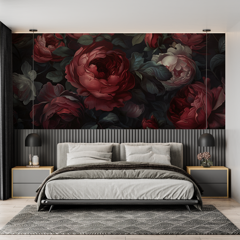 Floral Mural Wallpaper | Dark Red Roses on Black Background