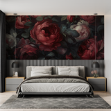 Floral Mural Wallpaper | Dark Red Roses on Black Background