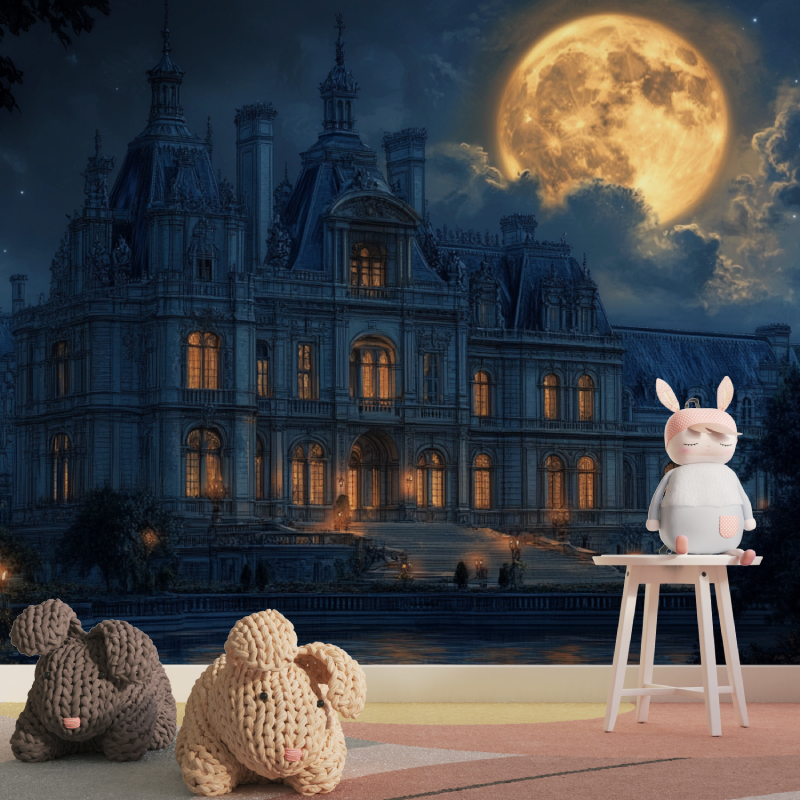 Castle Mural Wallpaper | Moonlit Palace with Glowing Windows