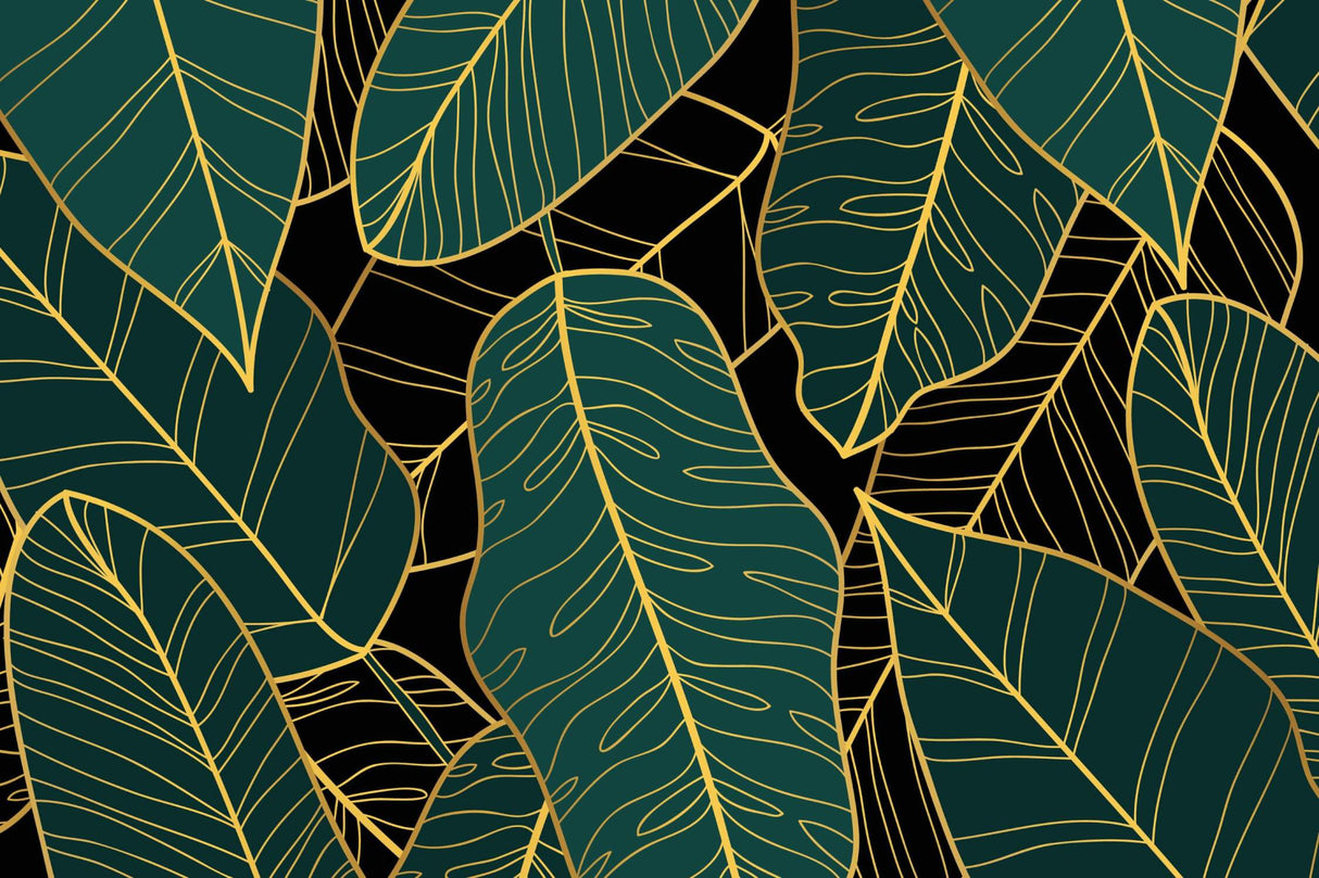 Tropical Mural Wallpaper | Emerald Green and Gold Leaves Pattern