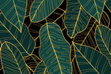 Tropical Mural Wallpaper | Emerald Green and Gold Leaves Pattern