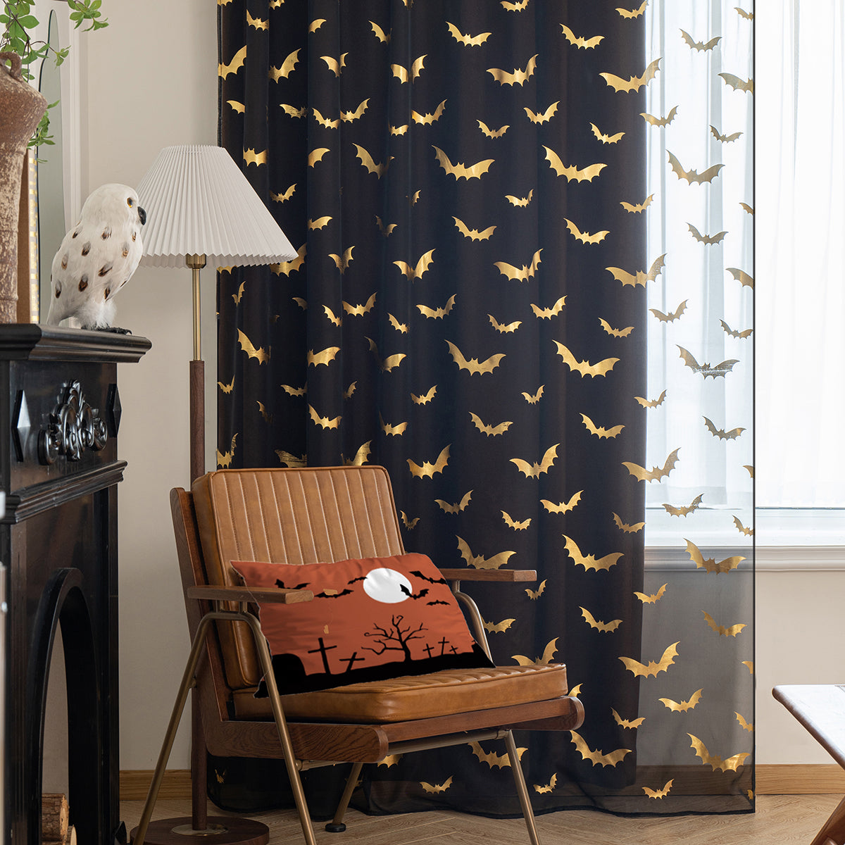 Gothic Sheer Curtains  Gold Bat Pattern Design - Product detail 12