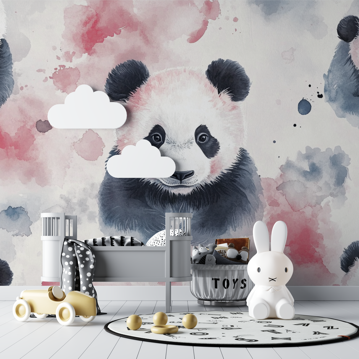 Panda Mural Wallpaper | Watercolor Pink and Grey Design