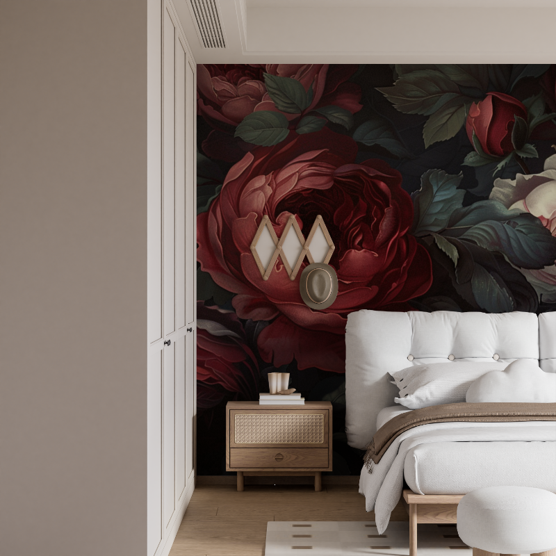 Floral Mural Wallpaper | Dark Red Roses on Black Background