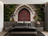 Gothic Door Mural Wallpaper | Ancient Stone Arch with Red Wood