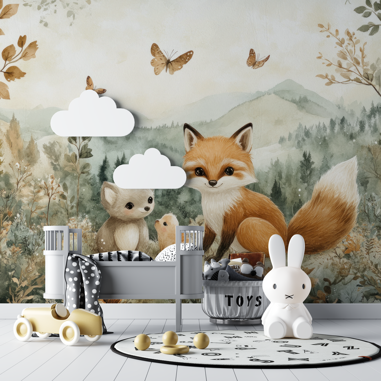 Forest Animals Mural Wallpaper | Enchanted Fox and Butterfly Scene
