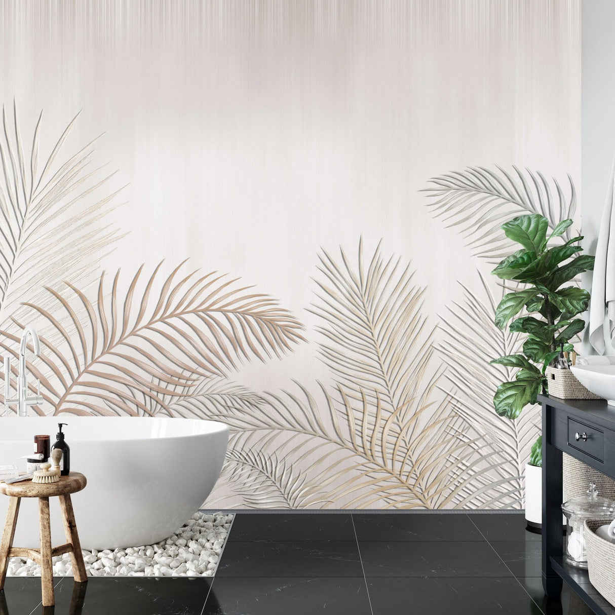 Palm Leaves Mural Wallpaper | Minimalist Beige Tropical Design