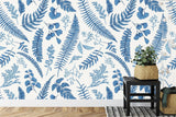 Foliage Mural Wallpaper | Blue Fern Pattern on White