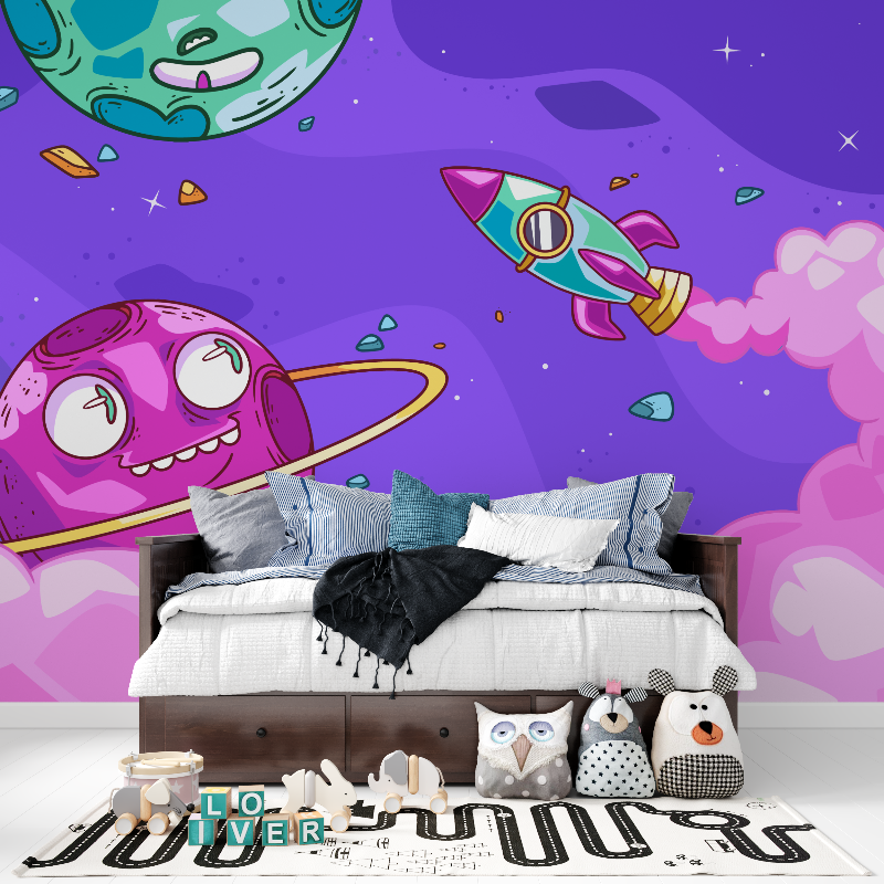 Space Kids Mural Wallpaper | Fun Planets and Rocket Design