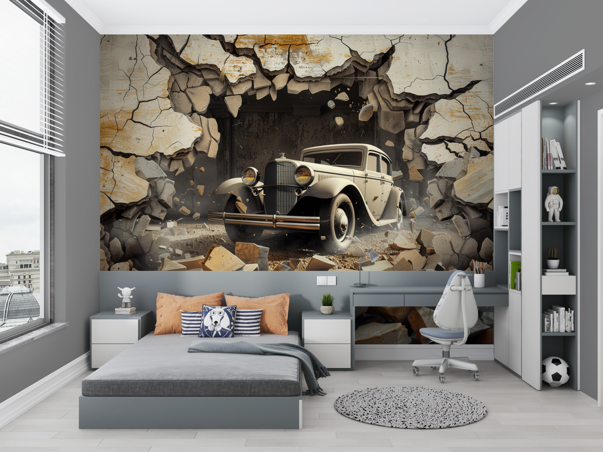 3D Car Mural Wallpaper | Vintage Automobile Breaking Through Wall