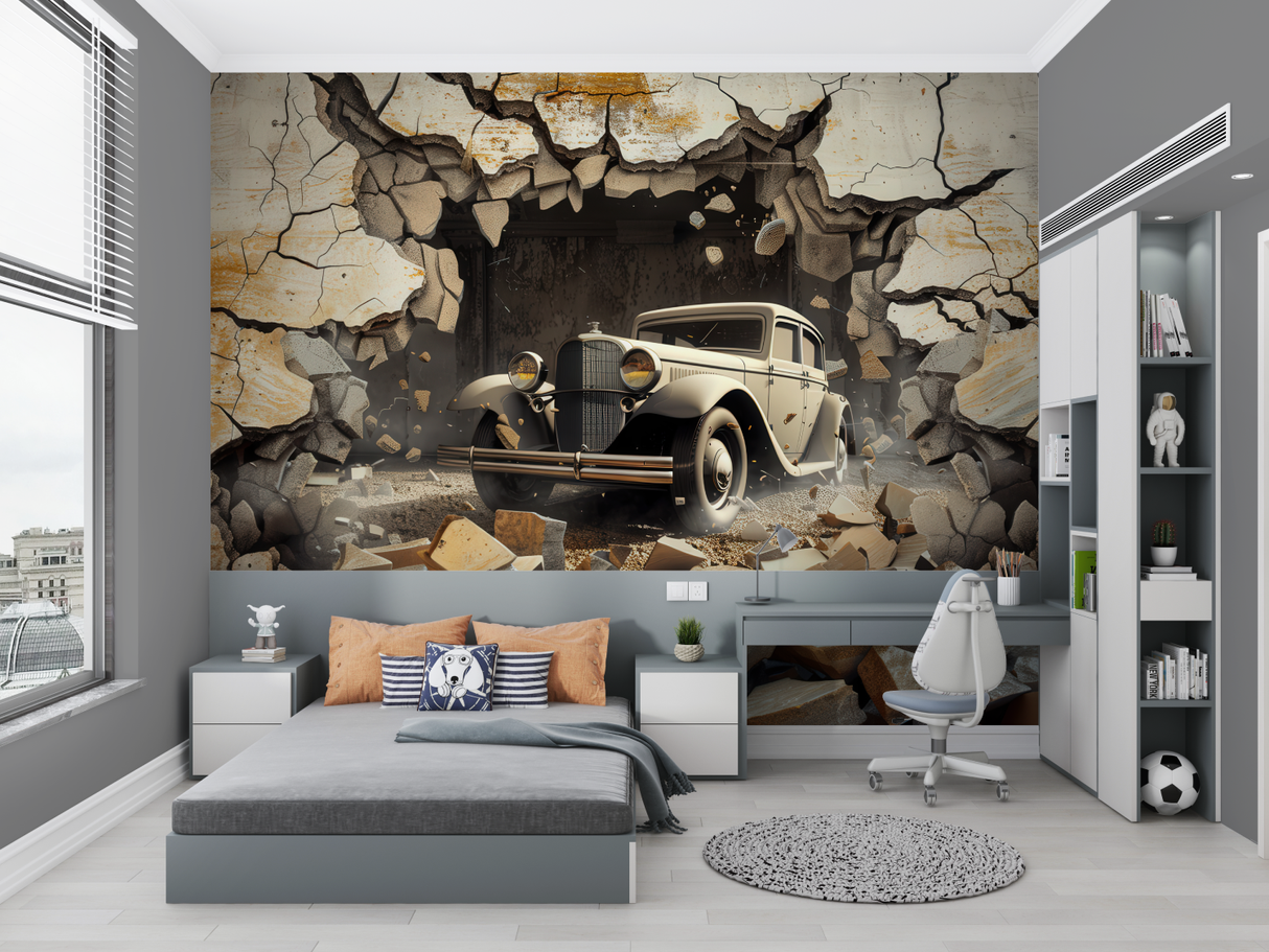 3D Car Mural Wallpaper | Vintage Automobile Breaking Through Wall