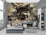 3D Car Mural Wallpaper | Vintage Automobile Breaking Through Wall