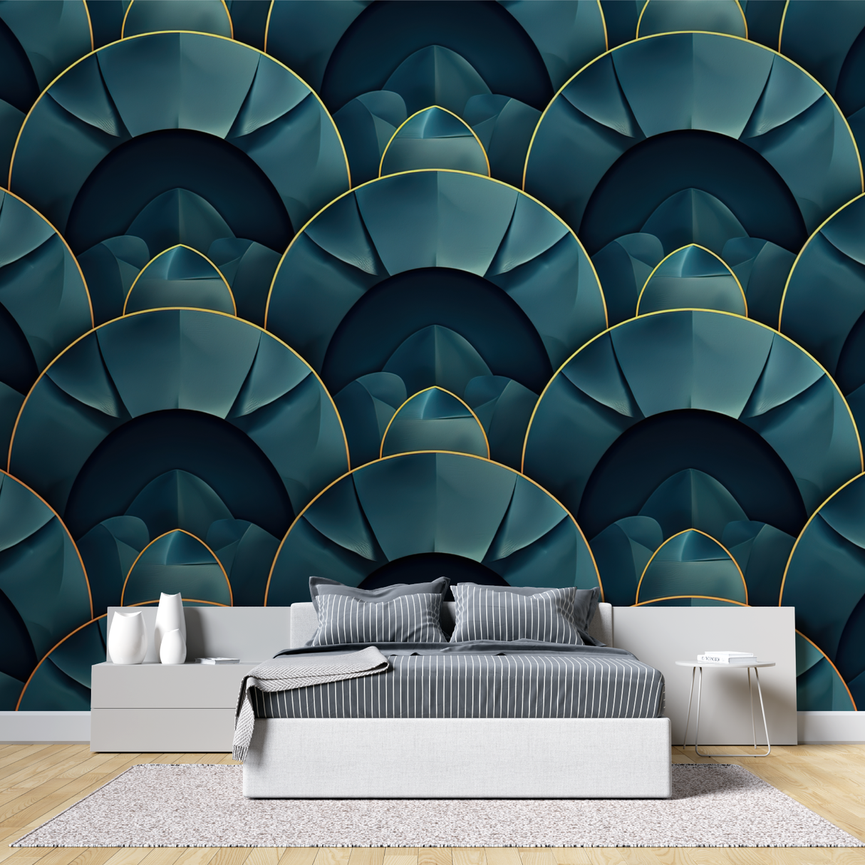 Art Deco Mural Wallpaper | Emerald Green Fan Pattern with Gold Lines