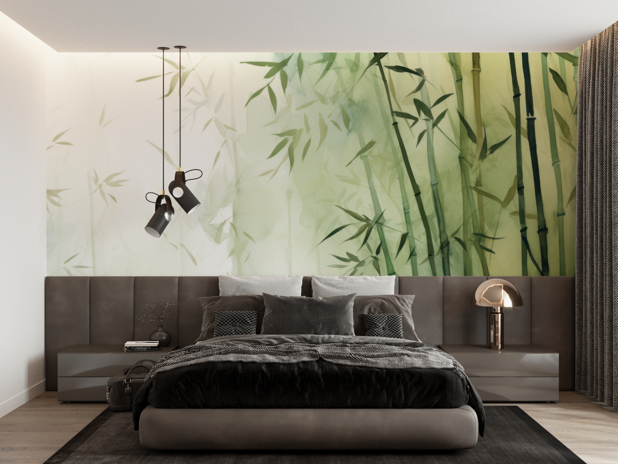 Bamboo Mural Wallpaper | Zen Green Watercolor Design