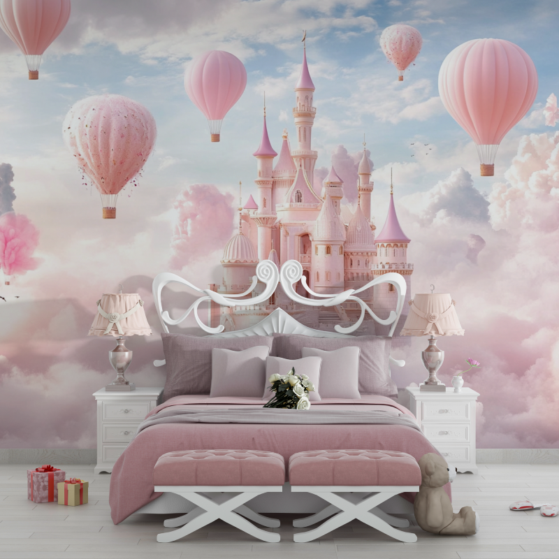 Princess Castle Mural Wallpaper | Pink Hot Air Balloons Fantasy