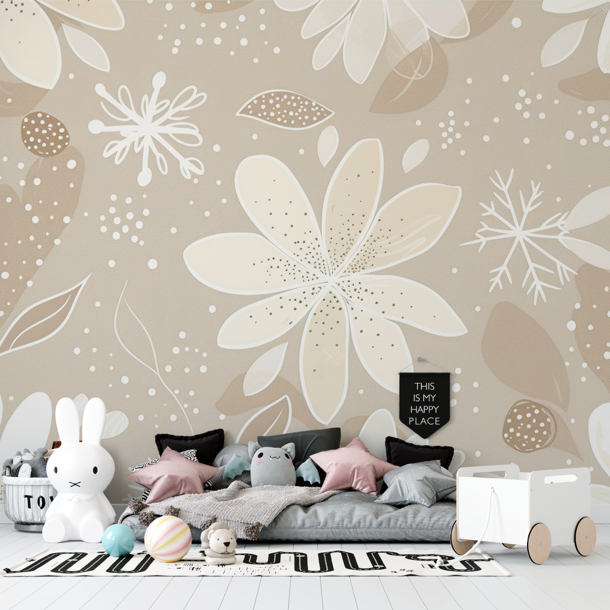 Floral Mural Wallpaper | Elegant Beige Snowflake Design